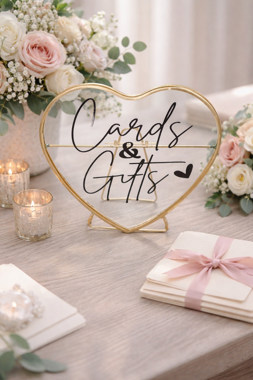 Heart-shaped gold frame Cards and Gifts acrylic sign