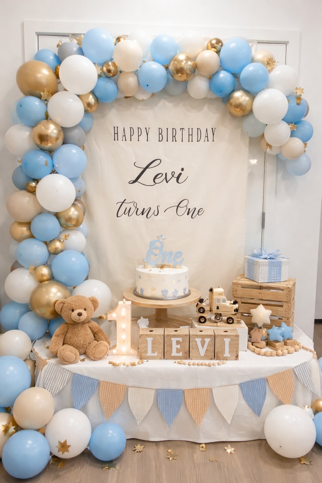 Birthday celebration backdrop with balloon arch
